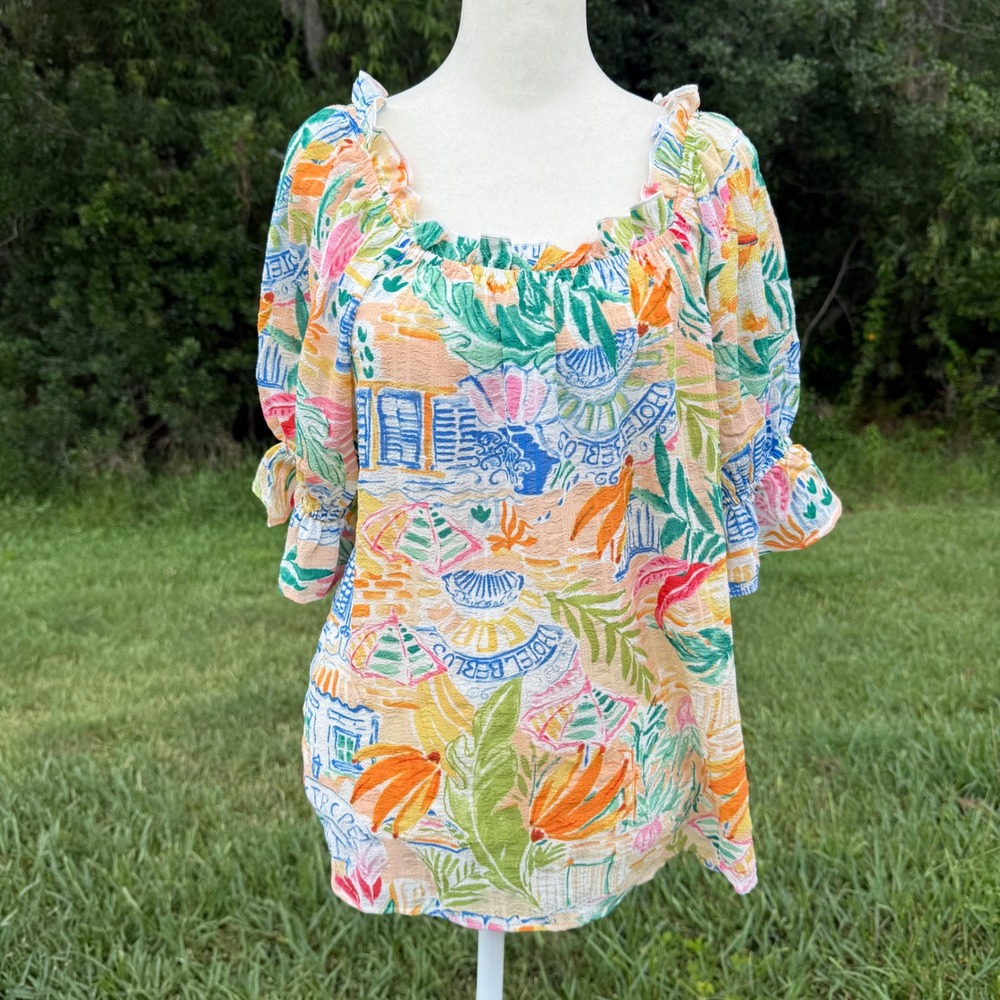 Tropical Fruit Print Resort Blouse Vacation Women Multi Color Floral Lagenlook